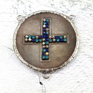 Hand Soldered Replica Cross Coin with Blues and Ab Crystal Rhinestones Pendant, Connector, One of a Kind, 45mm, Religious, Spiritual