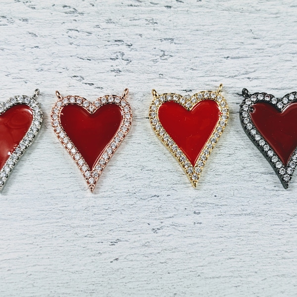 Micro Pave Cz and Plated Enamel Heart Pendant,  Red, Love, Double Bail, 20x26mm, Gunmetal, Silver, Rose Gold, Gold, 1pc.