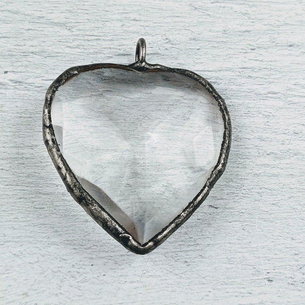Large Hand Soldered Faceted Crystal Glass Faceted Heart Pendant, Love, 50x45mm, 1pc.
