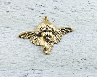 Matte Gold Plated Cherub Pendant, Wing, Angel, 1pc. 30x40mm