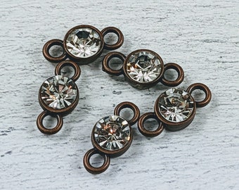 Antique Copper and Clear Rhinestone Connectors, 10pcs. Links, 2mm Hole, 15x7mm