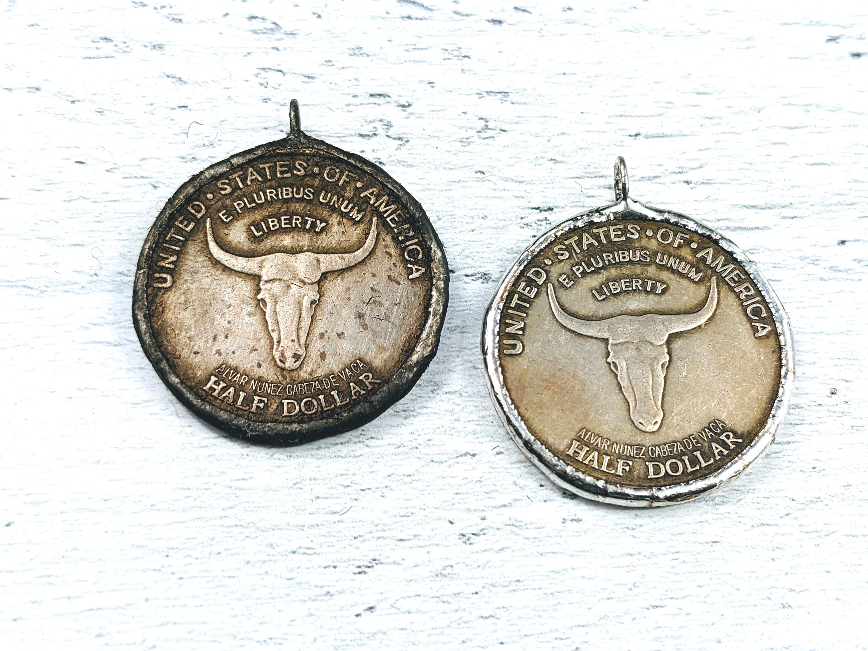 ウェスタンロングホーンオールドスパニッシュトレイルエルパソハーフダラーハンダリングコインペンダント、レプリカ、雄牛、32mm、シルバーまたは緑青、レプリカ  - Etsy 日本