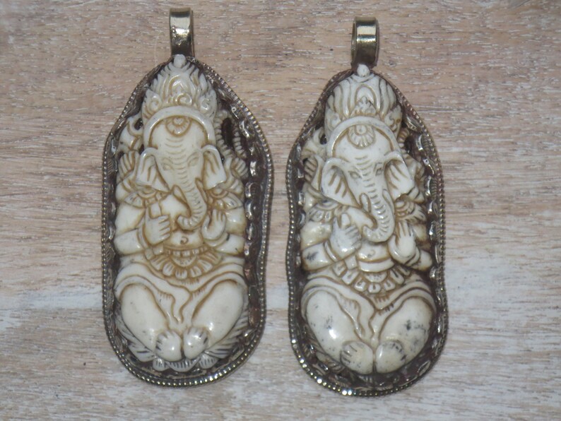 Tibetan Silver and Ox Bone Carved Ganesh Elephant Repousse Pendant Tibet Pendant Ganesha Lotus Flower Nepal Namaste