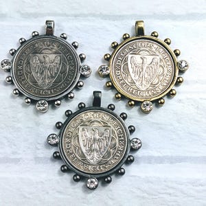 Antique Silver, Brass or Matte Gunmetal With Crystal Rhinestone Eagle Replica Coin Pendant, Shield, 1pc. Bezel, Medallion, 32mm, German