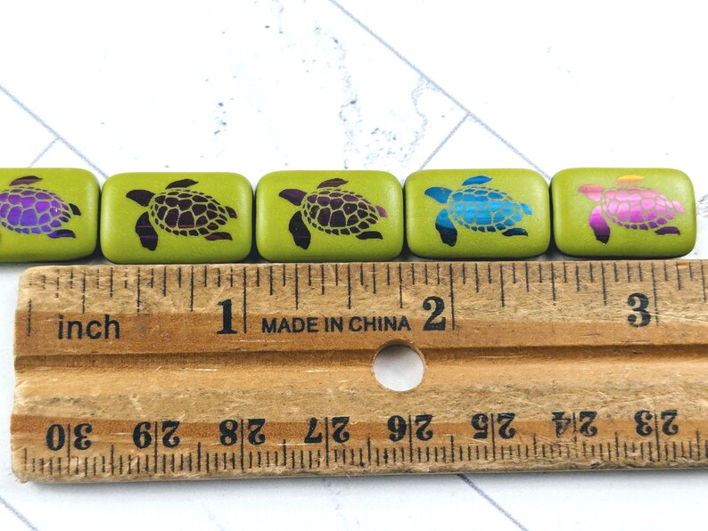 Turtle Ruler Czech Glass Metallic Laser Turtle Rectangle Matte Turquoise Green Beads ...