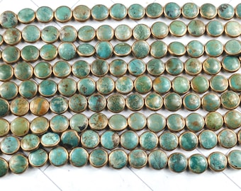 ONE BEAD Turquoise with Gold/Copper Edging Coin Bead, 11mm, Southwestern, Disc Bead, Matrix