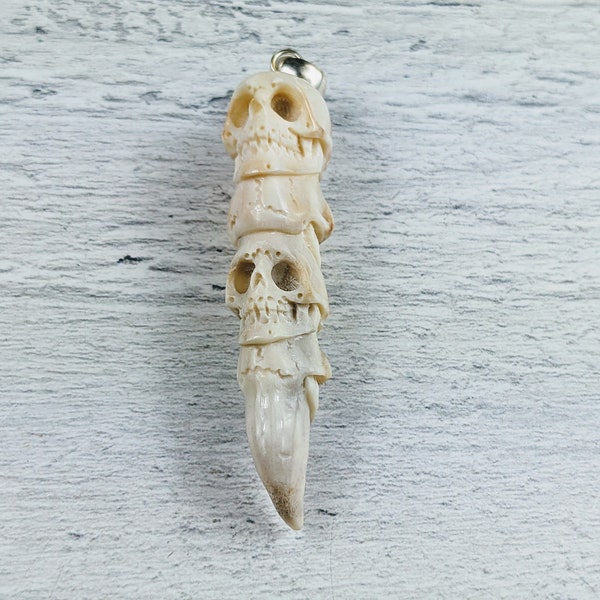 Hand Carved Deer Antler Four Skull and Claw Pendant, Talon, Gothic, 63x15mm