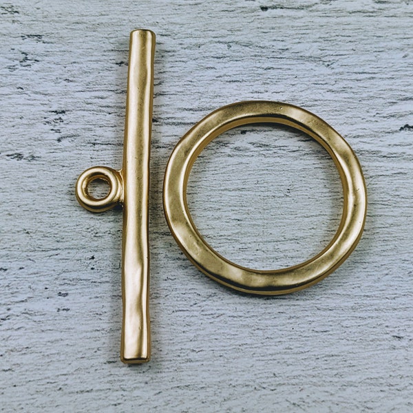 Large Matte Gold Round Toggle Clasp, Connector, Bracelet, Necklace, Hammered Look, 34mm