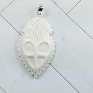 Hand Carved Water Buffalo Bone Sacred Heart Cross Pendant, Love, Spiritual, 46x28mm