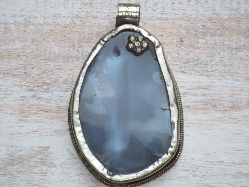 Tibet Pendant Tibetan Silver Carved Flower Repousse Pendant Large Tibetan Silver Repousse Botswana Agate Pendant