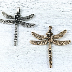 Antique Brass or Silver Large Dragonfly Pendant, Swinging Body, Insect, 50x48mm