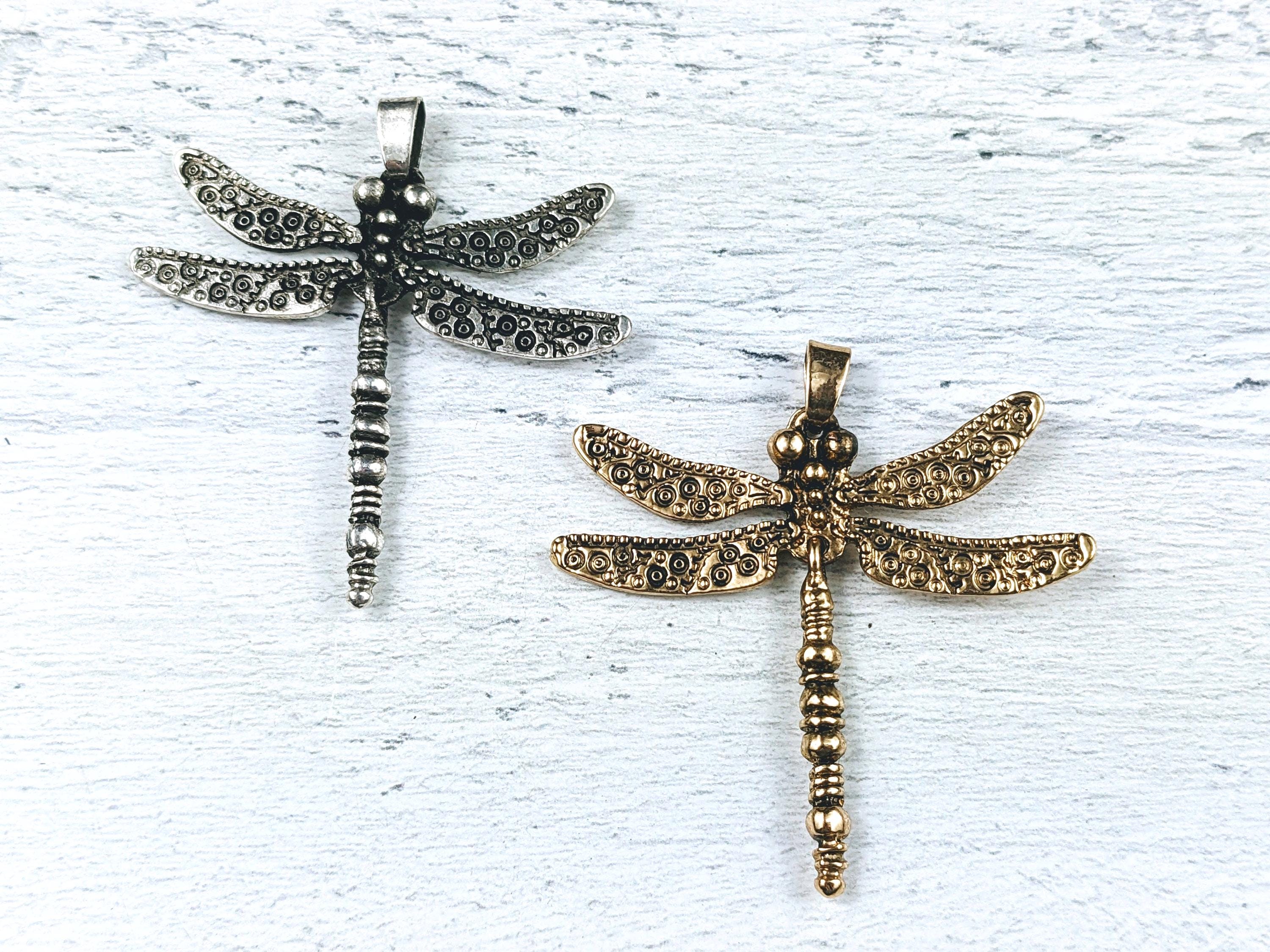 Antique Brass or Silver Large Dragonfly Pendant, Swinging Body, Insect, 50x48mm