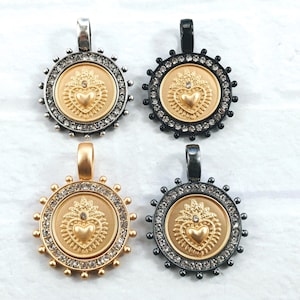 Matte Gold Rhinestone Leaf Sacred Heart Bezel Pendants, Charm, Matte Gold, Black, Antique Silver, Matte Gunmetal 1pc. 44x34mm, Milagro, Love