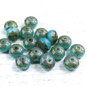 Czech Glass Faceted Rondelle Beads, Opalescent Aqua Picasso, 9x6mm, 17pcs.