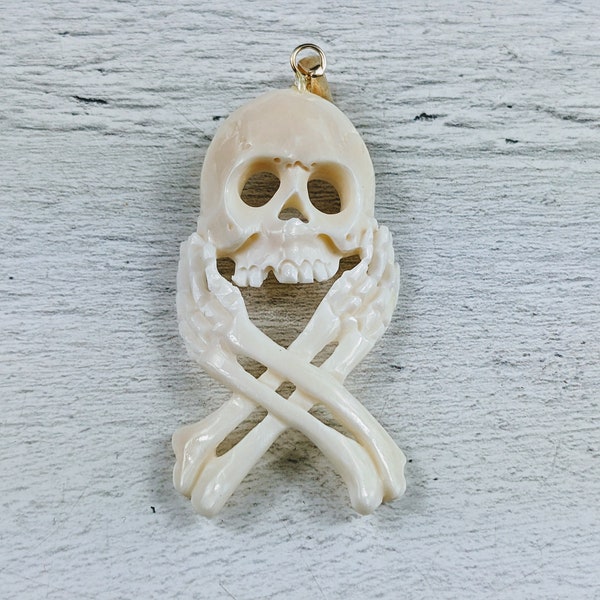 Hand Carved Buffalo Bone Skull Pendant, Cutout Design, Gothic, 64x25mm