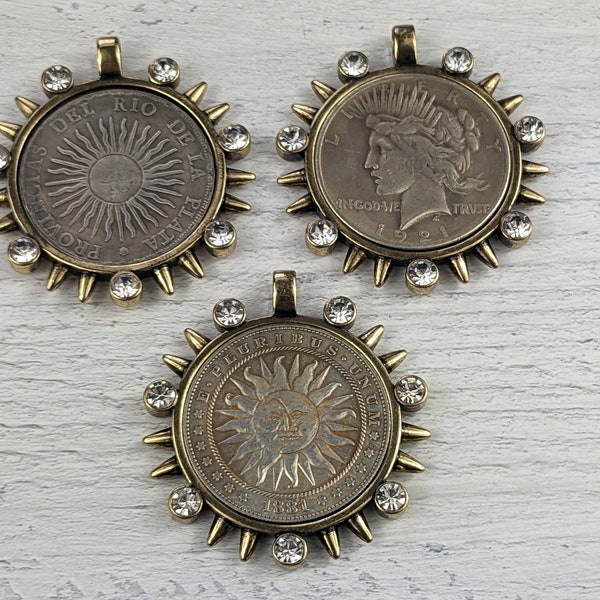 Répliques de pièces de monnaie argentines soleil, soleil et lune ou Lady Liberty en laiton antique, médaillon, lunette, 38 mm, 1 pièce.