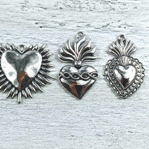 Antique Silver Sacred Heart Charms, 2pcs. Love, Flaming, Milago Ex Voto, Love