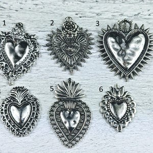 Antique Silver Milagro Ex Voto Heart Charms, Sacred Heart, Royal, 2pcs. Evil Eye Rose, Love, Spiritual, Lotus Flower