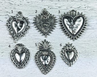 Antique Silver Milagro Ex Voto Heart Charms, Sacred Heart, Royal, 2pcs. Evil Eye Rose, Love, Spiritual, Lotus Flower