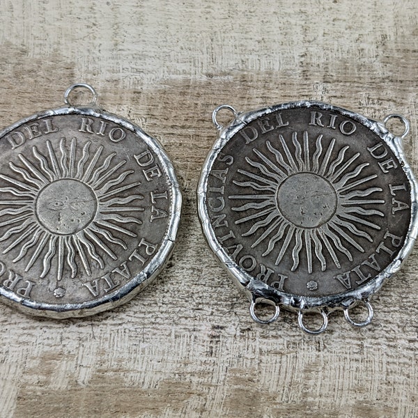 Hand Soldered Argentine Sun Replica Coin Pendant, Connector, 3 Ring, Sol, 38mm, Celestial, 1pc.