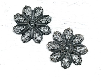 Vintage Filigree Patina Steel Flower Pendant, Connector, Link, 2pcs. 44mm