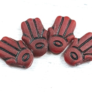 Czech Glass Matte Red and Black Hamsa Beads, Namaste, Yoga, 4pcs. 20x14mm