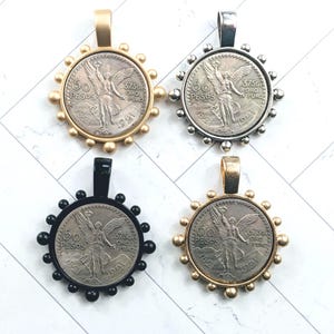 Matte Gold, Worn Gold, Black or Antique Silver Mexican 50 Pesos Angel Replica Coin Bezel Pendants, 38mm, 64x50mm