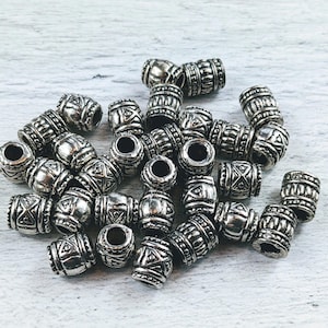 Antique Silver Plated Ornate Barrel Beads, 2 Design Mix, 10pcs, 3mm Hole, 10x9mm, Spacers
