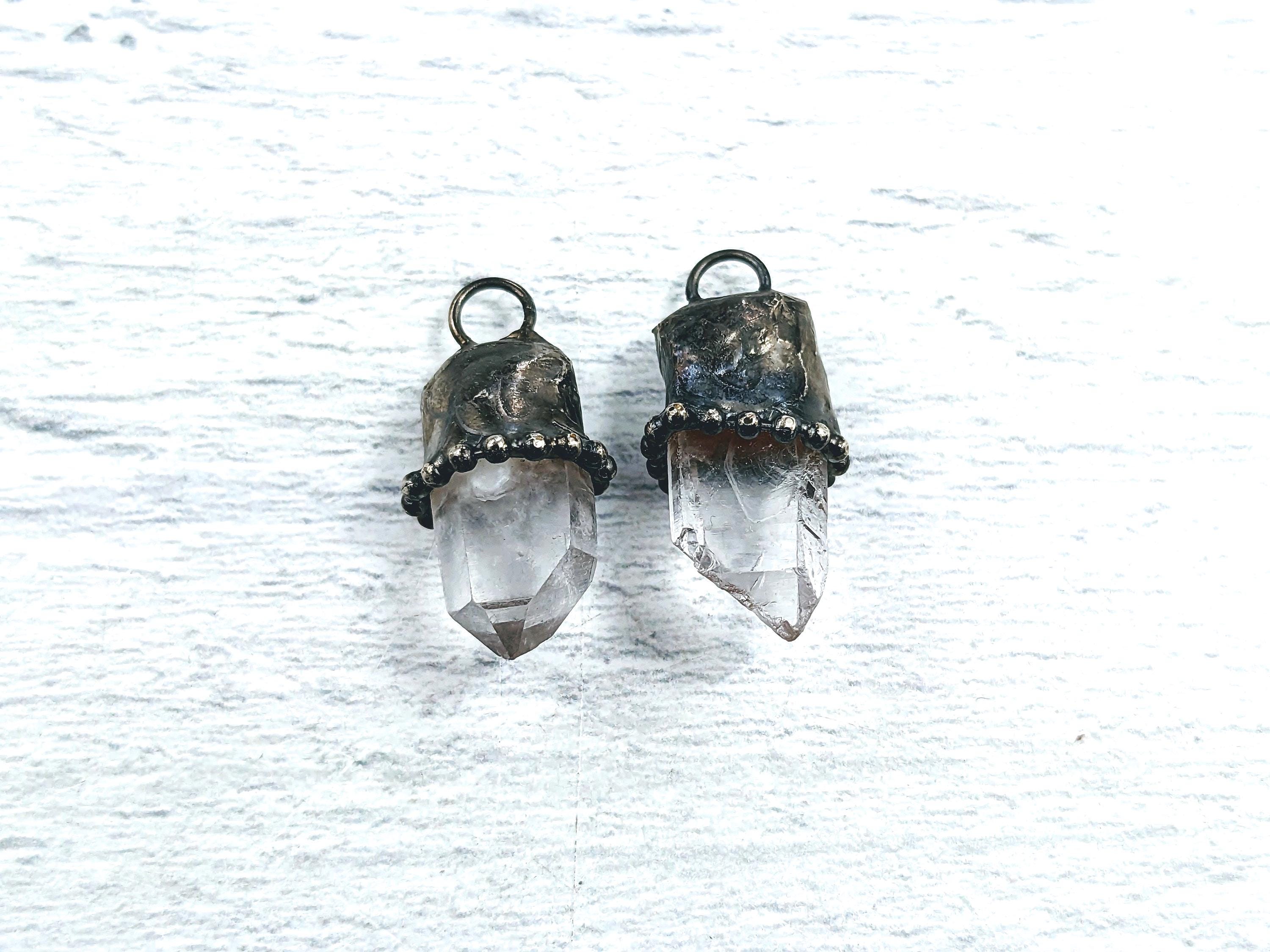 Small Hand Soldered Crystal Quartz Gemstone Point Charm, 1pc.  Ball Chain, Approx. 25-30x12mm