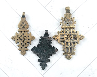 3pcs. Large Brass and Black Brass Ornate Ethnic Cross Pendant, Spiritual, Textured, Religious, 81mm, 65mm and 60mm, Cutout Design