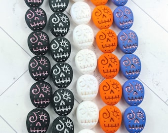 9pcs. Czech Glass Skull Beads, 9pcs. 20x17mm, Sugar Skull, Gothic Skull, Black, AB White, Orange, Blue, Pink, 1 Strand