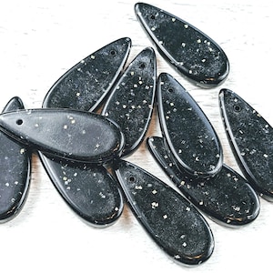 Vintage Black with Gold and Silver Flecks Acrylic Teardrop Beads, 10pcs. 40x13mm, 1.5mm Hole