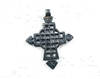 Black Plated Ornate Brass Ethnic Cross Pendant, Spiritual, Textured, Religious, 56x45mm