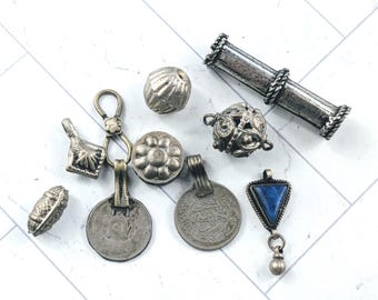 9pcs. Mixed Vintage Afghani Turkmen Patina Aged Metal Beads, Pendants, Charms, Ethnic, Rustic, Turkoman, 16-45mm, Lapis