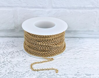 Gold Plated 2mm Rolo Chain, Soldered Links, Sold by The Foot