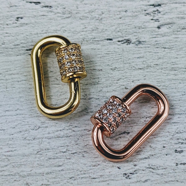 Gold, Silver or Rose Gold Plated and CZ Crystal Oval Twist Clasps, Screw Clasps, 17x9mm, Charm Holder, Carabiner, 1 Clasp