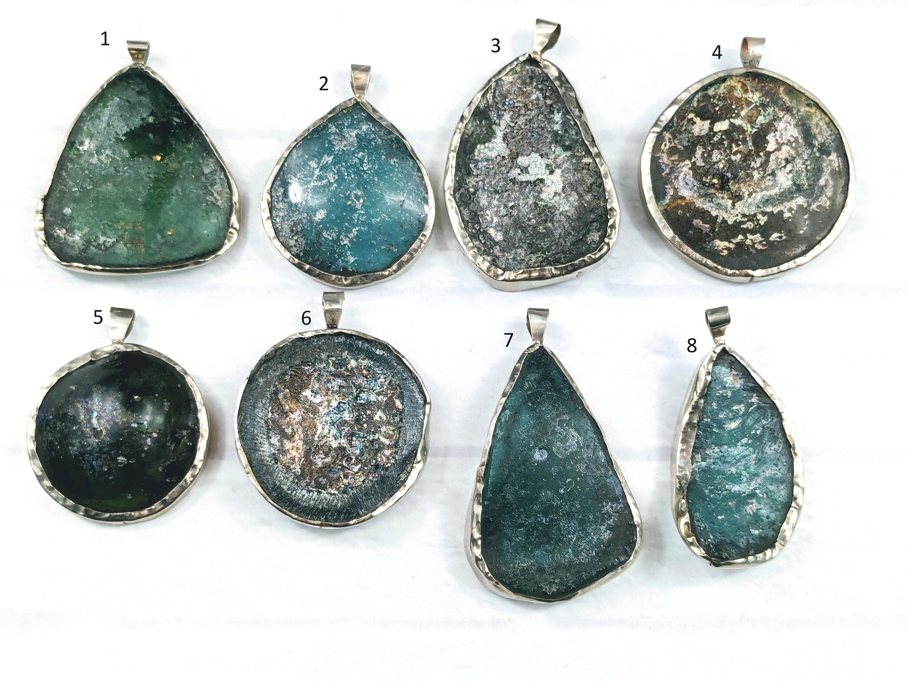Vintage Roman Glass and Silver Soldered Pendants, OOAK, 1pc. 50-66x25-48mm, Greens, Blues, Rustic, Mixed Shapes