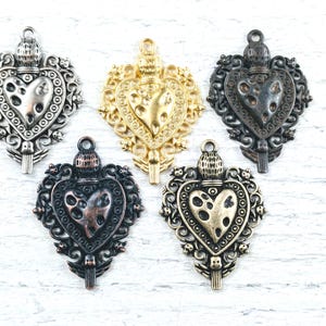 2pcs. Matte Gold, Rustic Brown Silver or Brass Ox, Oil Rubbed Bronze Plated Sacred Heart Charms, Love, Spiritual, 33x23mm, Milagro, Textured