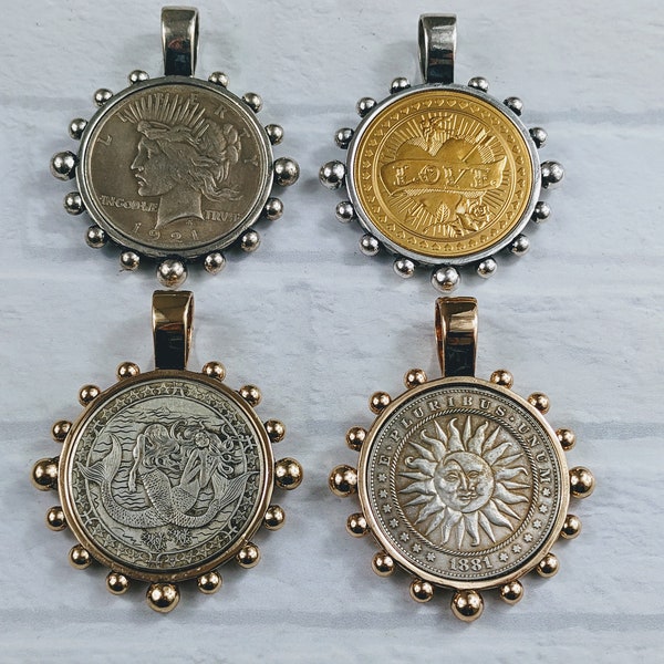 Antique Silver, Silver Ox, Antique Gold or Worn Gold, Plated Replica Coin Medallion Pendants, 1pc. Bezel, Sun Moon, Mermaid, Liberty, Love