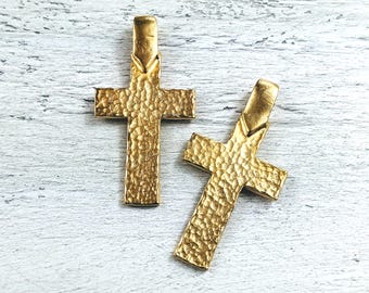 Large Vintage Matte Gold Hammered Cross Pendants, 2pcs. 64x32mm, Spiritual, Religious