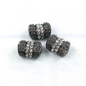 5pcs. Gunmetal and Clear Rhinestone Textured Barrel Bead, Large Oval Hole, Slider Bead, 14x11mm, Spacers