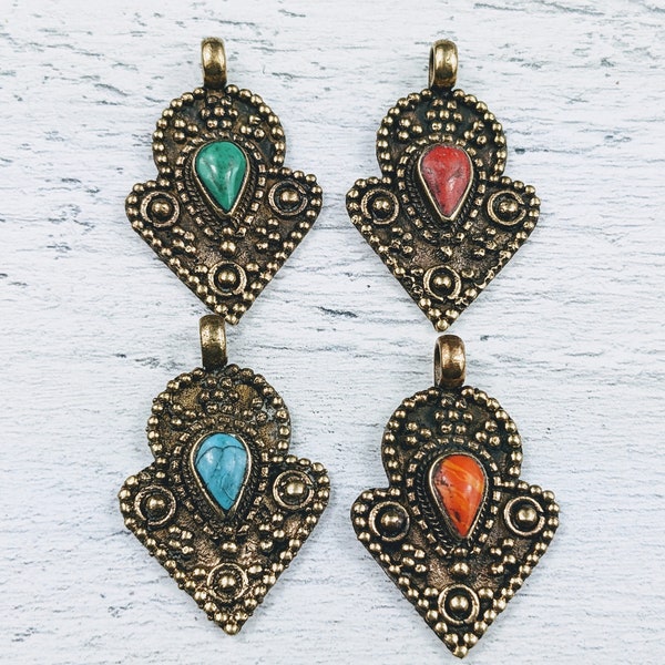 Ornate Brass Charm with Gemstone Center, Turquoise, Orange, Red or Green Jade, Waziri Pendant, Ethnic, Tribal, Point