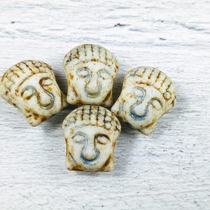 Czech Glass Matte Cream and Silver Travertine Buddha Head Beads, 15x14mm, 4pcs.