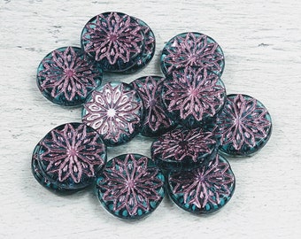 18mm Czech Glass Blue and Pink Translucent Etched Origami Flower Round Beads, Double Sided Flower, 10pcs.