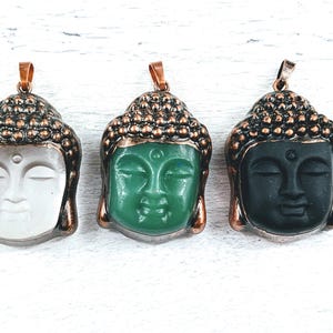 Soldered Green Jade, Black Agate, or Matte Glass Gemstone Buddha Pendants, Namaste, 1pc. Antique Copper Patina, Yoga, 38x25mm, Buddha Head