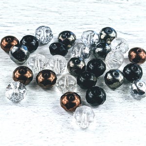Czech Glass Rock Star Mix Faceted Rondelle Beads, 6x9mm, Rondell, 28pcs., Jet, Clear, Hematite, Bronze