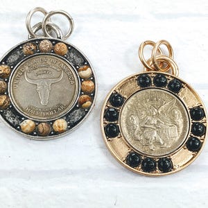Mix and Match Antique Silver or Gold Plating Picture Jasper or Black Agate Gemstone Replica Coin Pendants, 45mm, 1pc. Longhorn or Fairy