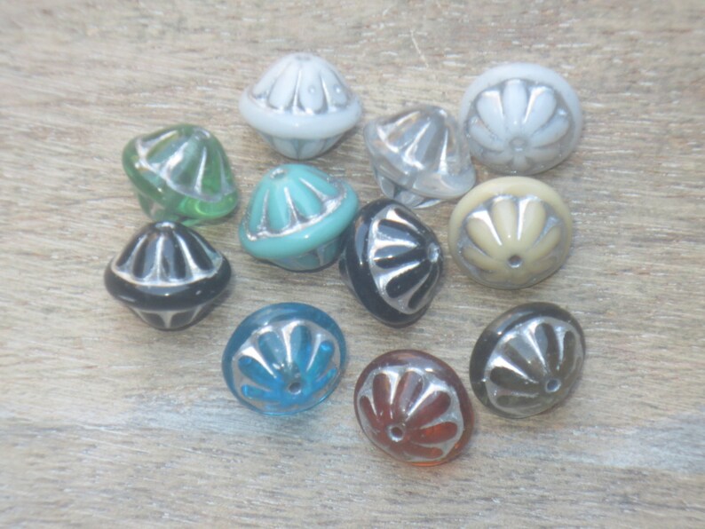 Bicone SilverTone 5pcs Czech Glass Mixed Color Large Saucer Beads Corrugated 13x12mm