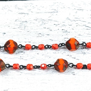 Czech Glass Orange Travertine and Pink Fire Polished Faceted Bead Chain, Black Wire, 1ft. 4mm and 8mm, Rosary