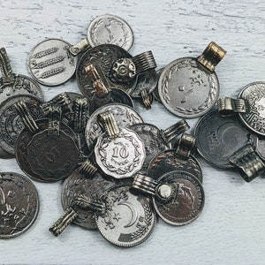 Genuine Afghani Coin Mixed Pendants, Charms, 10pcs. Ethnic, Round, Wavy Design, Approx. Mixed Sizes